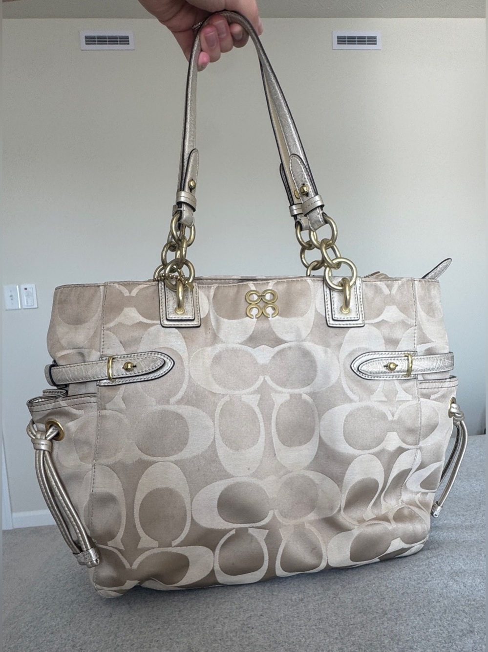 Vintage Coach Metallic Beige Signature Jacquard Tote & Matching Wallet